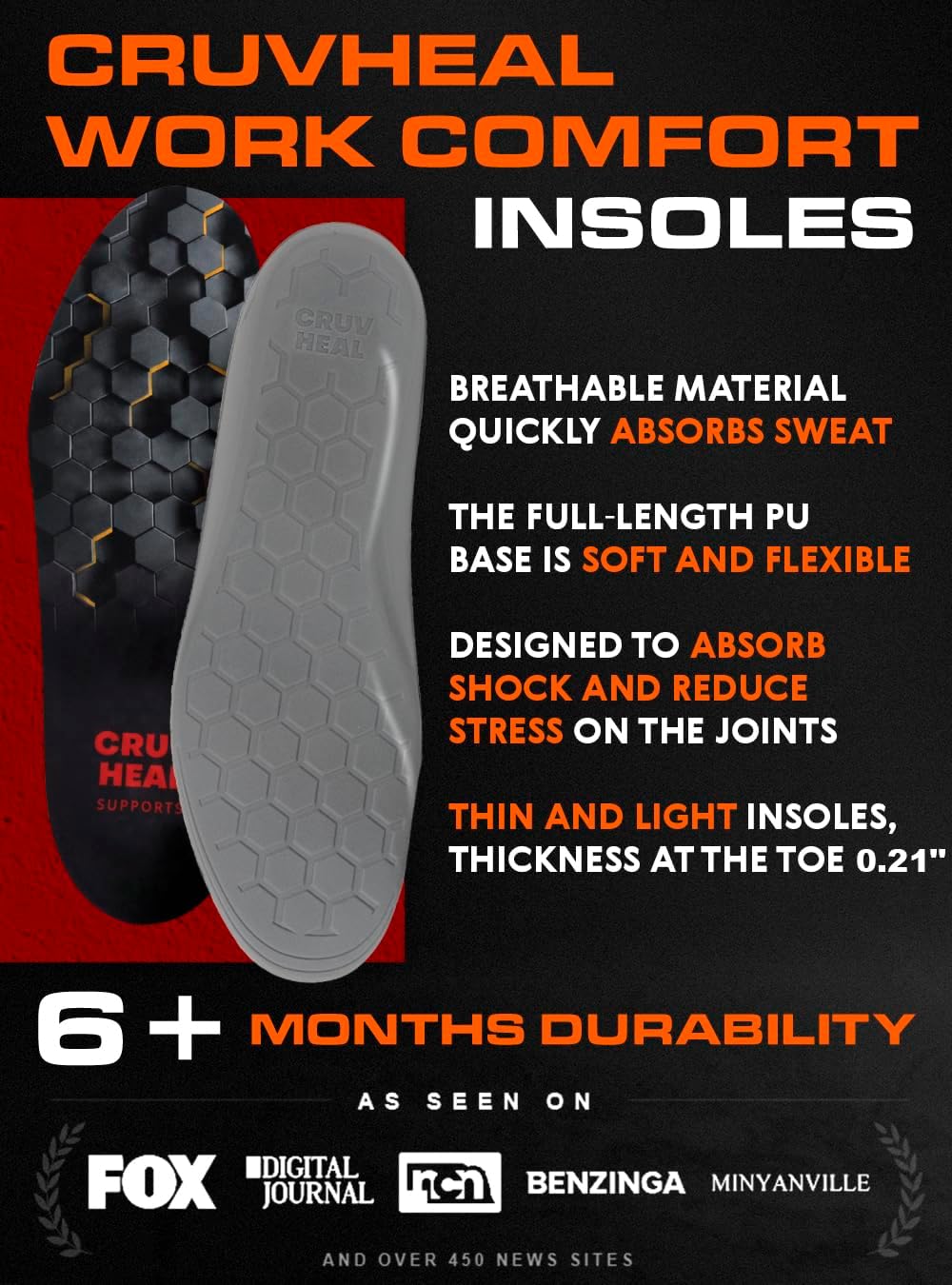 CRUVHEAL Work Comfort Orthotic Insoles - Anti Fatigue Shoe Insert Men Women - Low Arch Support - Shock Absorption - Foot Pain Relief - Work Boot Insoles (XXL, Black) - Image 4