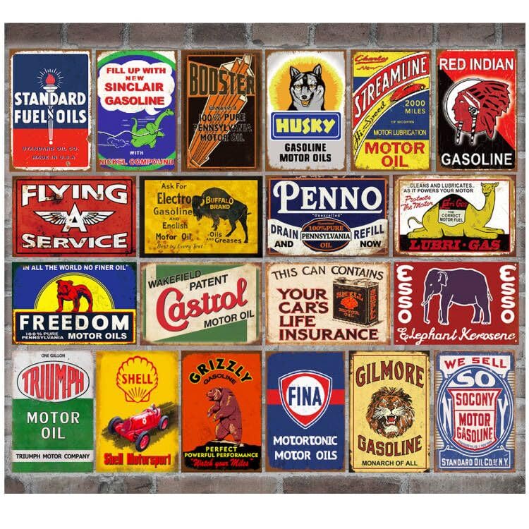 Reproduction Vintage Tin Sign Bundle, Gas Oil Car Pinup Metal Signs, Retro Nostalgic Decor for Bar Man Cave Diner Garage, 8x12 inches (20 pcs bundle)
