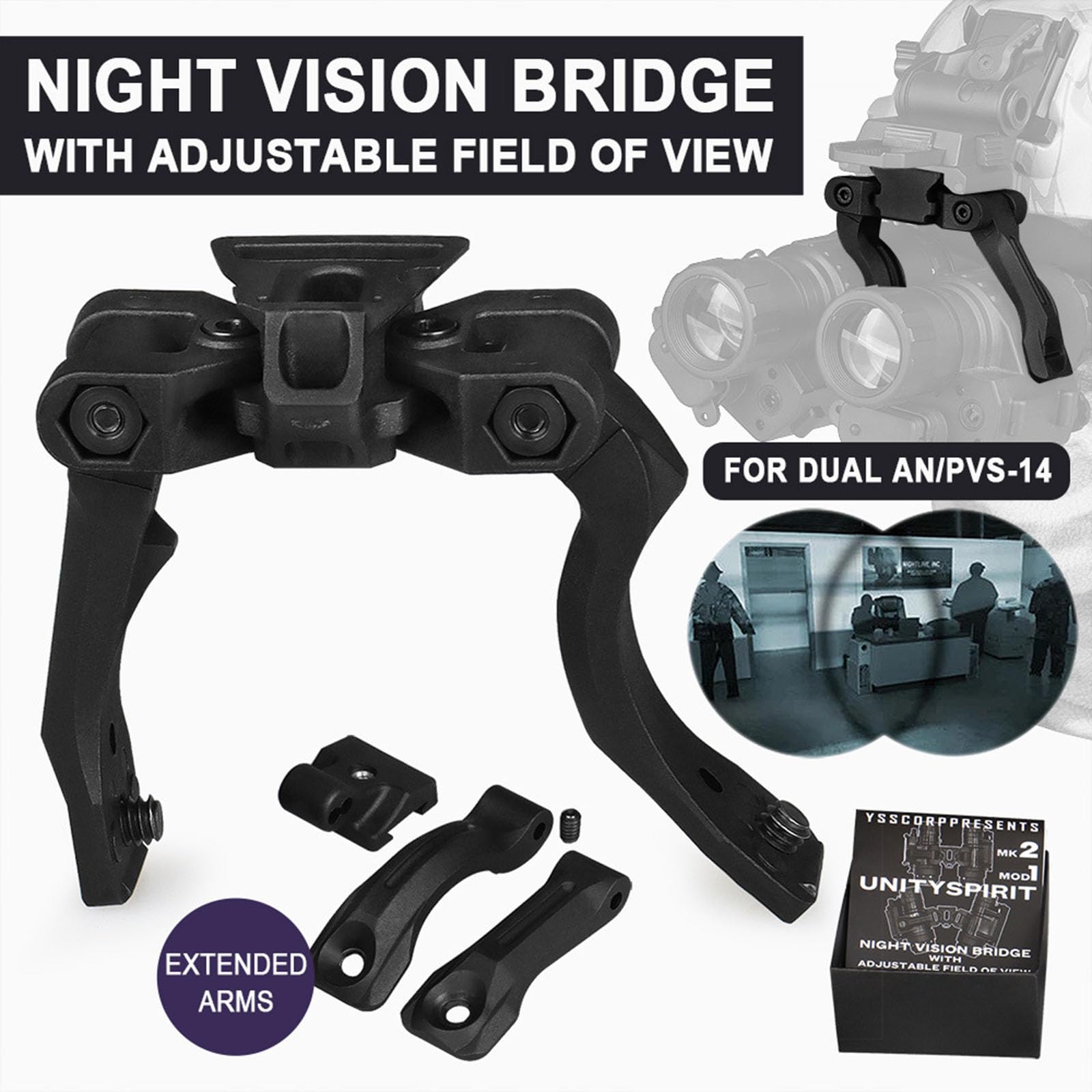SUZLAZYR PVS14 Night Vision Bridge with Adjustable Field of View, NVG Mount for Dual AN/PVS-14 Night Vision Goggles