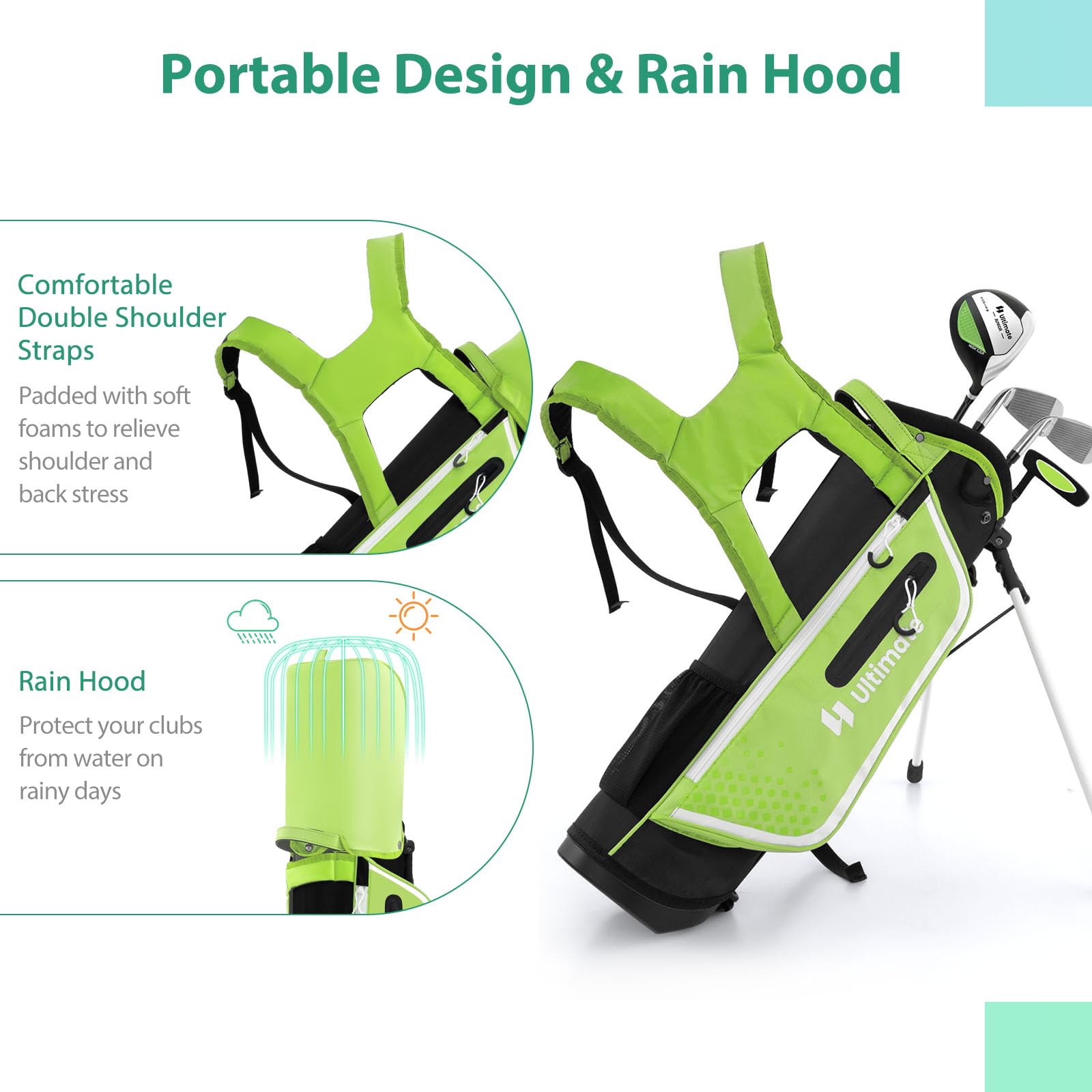 LIFEZEAL Juego Completo de Palos de Golf para niños, Bolsa de Golf portátil con 4 Palos, Bolsa Trolley Juvenil con Correas para el Hombro, Ideal para niños y niñas de 8 a 10 años