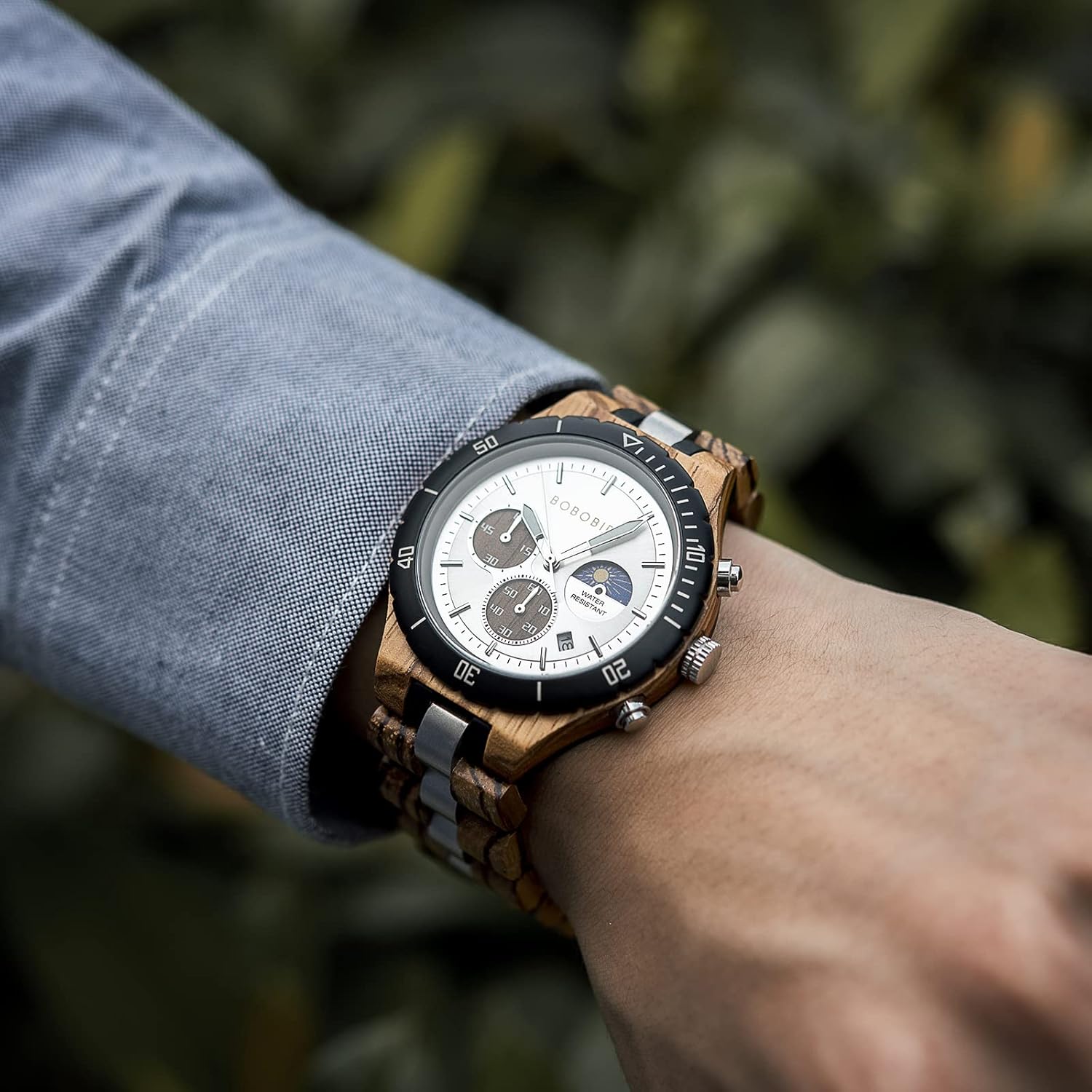 BOBO BIRD Mens Quartz Wooden Watches Stainless Steel Red Sandalwood Alloy Wood Watch for Male Classic Function Wristwatch Chronograph Luminous Hands Day and Night Date Display - Image 8