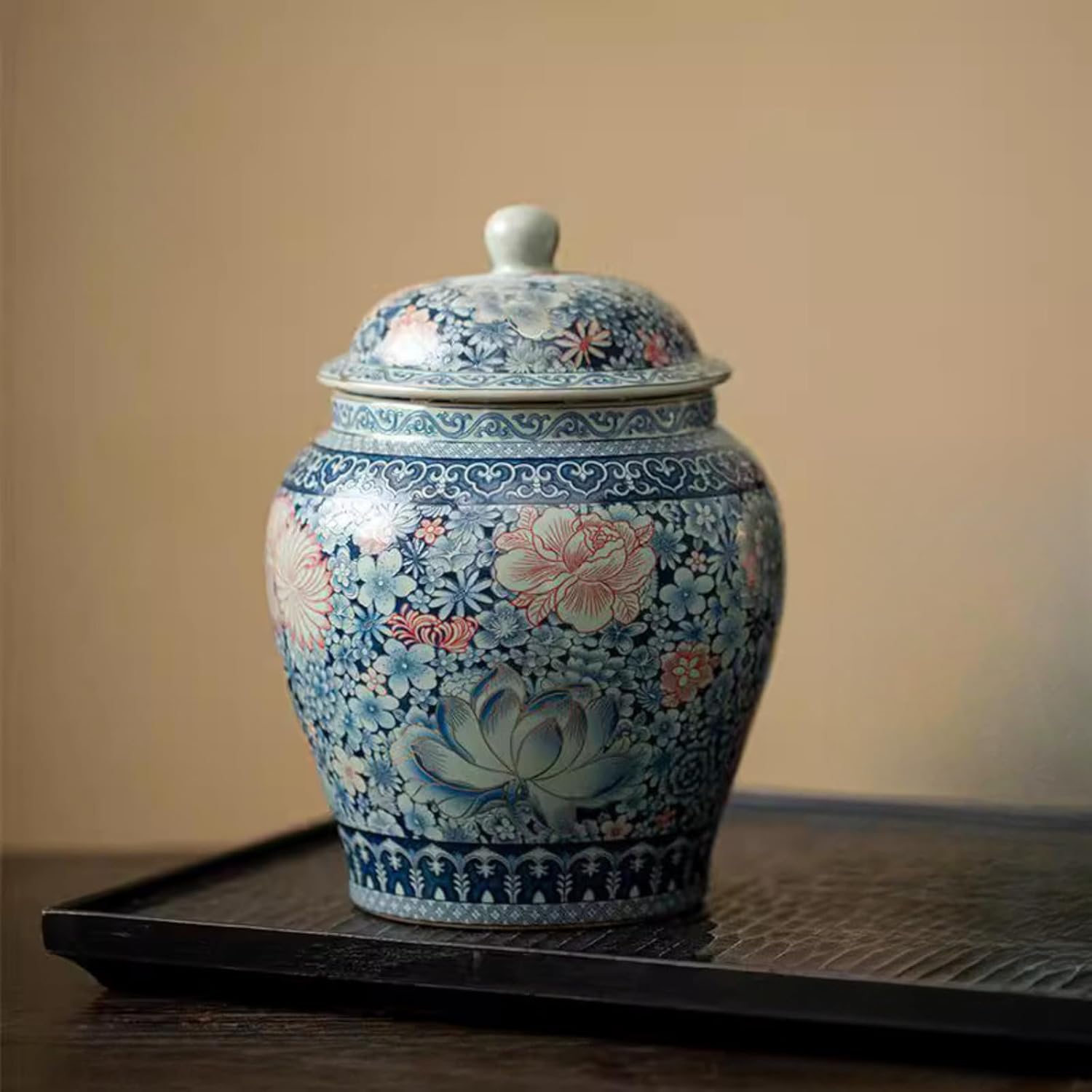 Ru Kiln Blue and White Porcelain Tea Canister, 900ml 30.6oz, Chinese Retro Style Ceramics Sealed Jar Storage Tank Storing Tea Cans