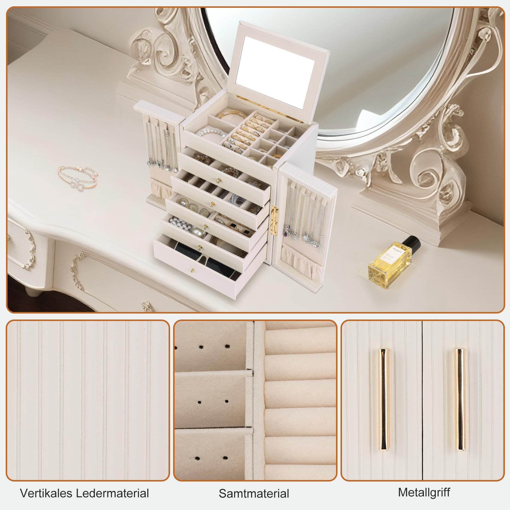 Dajasan Groß Schmuckaufbewahrung, 6 Ebenen Schmuckkästchen mit 5 Schubladen, Schmuckkasten mit Spiegel & Doppeltür, Schmuckschrank aus Vertikales Textur Leder, Modern, Geschenk für Damen (Beige)