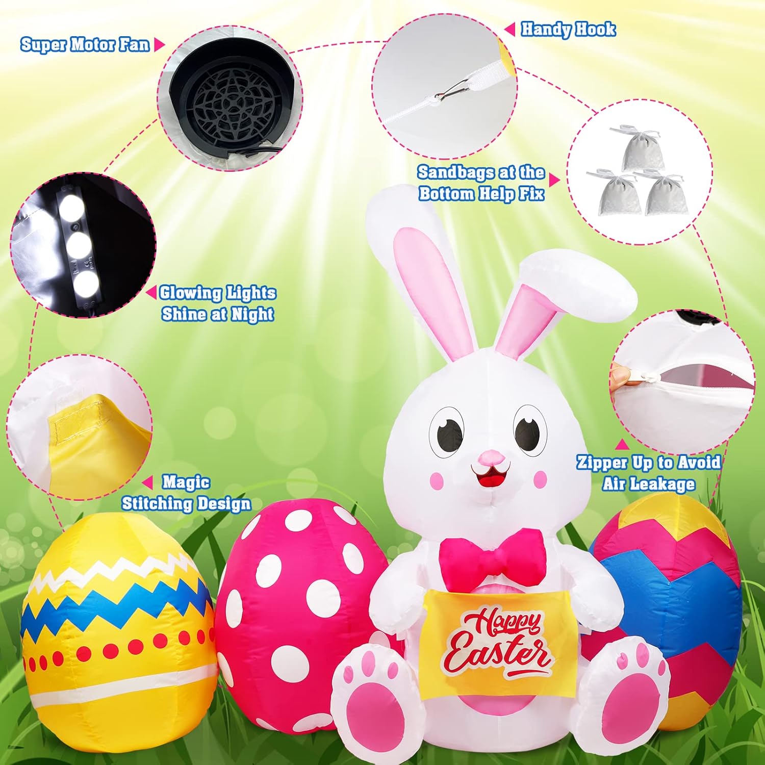 6FT Easter Inflatables Outdoor Decorations, Inflatable Bunny and Colorful Eggs Build-in 5 LEDs, Happy Easter Blow Up Yard Decorations for Home Holiday Party Outdoor Lawn Garden