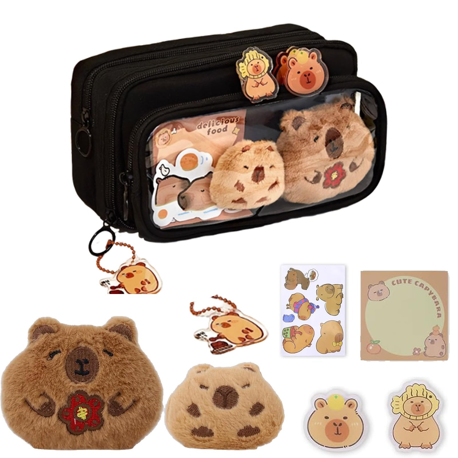 Cute Capybara Stationary Set,Capybara Pencil Case,Large Capacity with Compartments,Multifunctional Pencil Case,School Supplies with Stickers, Pendant Clips, Plush Note Pad (Black)
