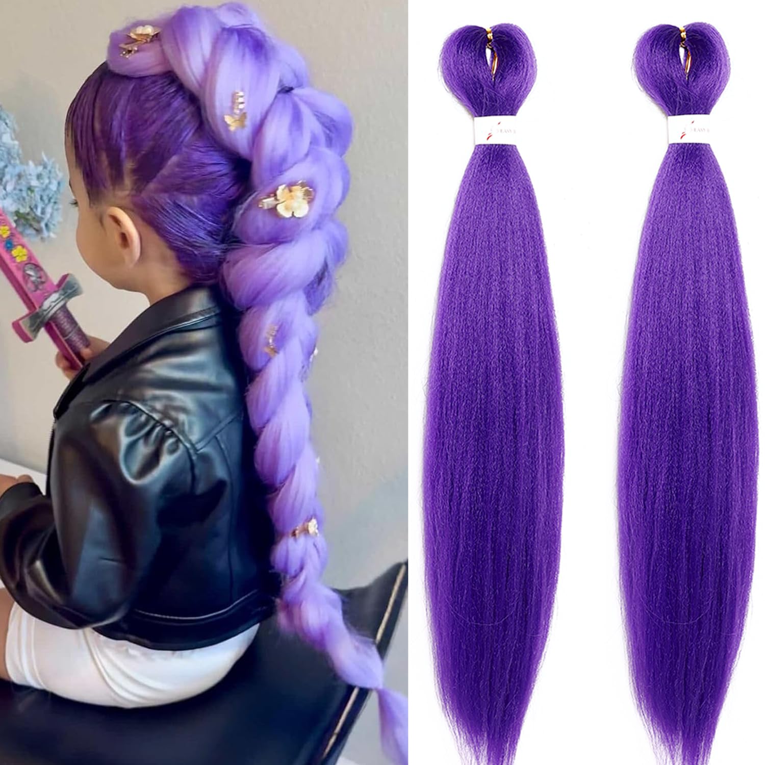 Long Purple Braiding Hair Pre Stretched - 36 Inch Synthetic Braiding Hair for Kids Stage Party Halloween Costume Cosplay (Purple, 36 Inch(Pack of 2)) 36 Inch(Pack of 2) Purple