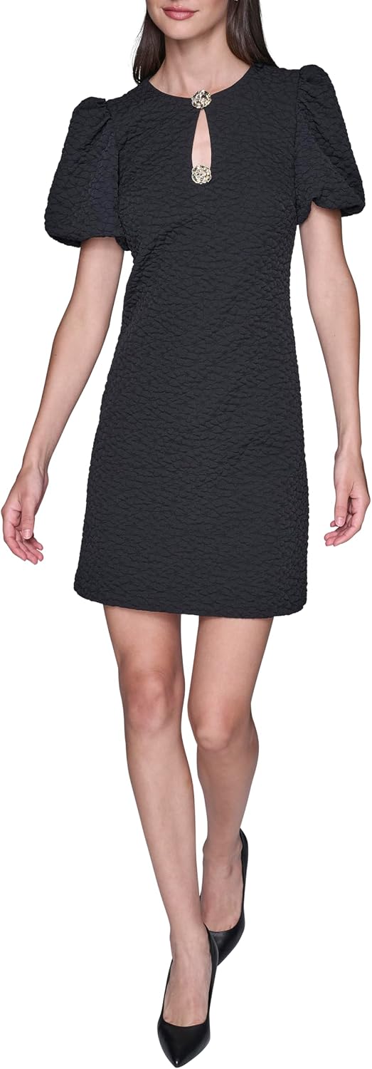 Karl Lagerfeld Women's Short Sleeve Round Neck with Keyhole Textured Jacquard Dress