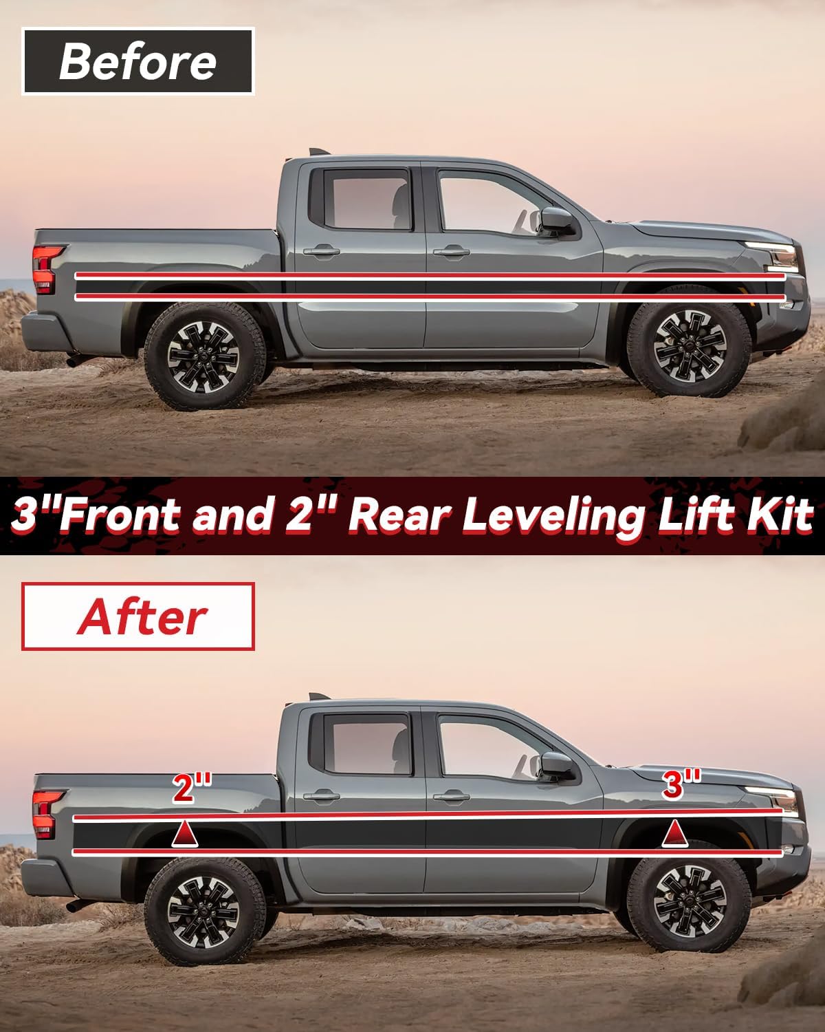 3" Front and 2" Rear Leveling Lift Kits for 2005-2023 Frontier 2WD 4WD, 3 inch Front Strut Spacers and 2 inch Rear lift block Extended Square U-Bolts (Black) (2009-2012 Suzuki Equator)