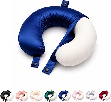 ROSEWARD 100% Mulberry Silk Travel Neck Pillow Case Replacement Cover Only, Highest 6A Grade 22 Momme Silk Travel Neck Pillow Removable Cover, Hypoallergenic, Anti Wrinkle Navy