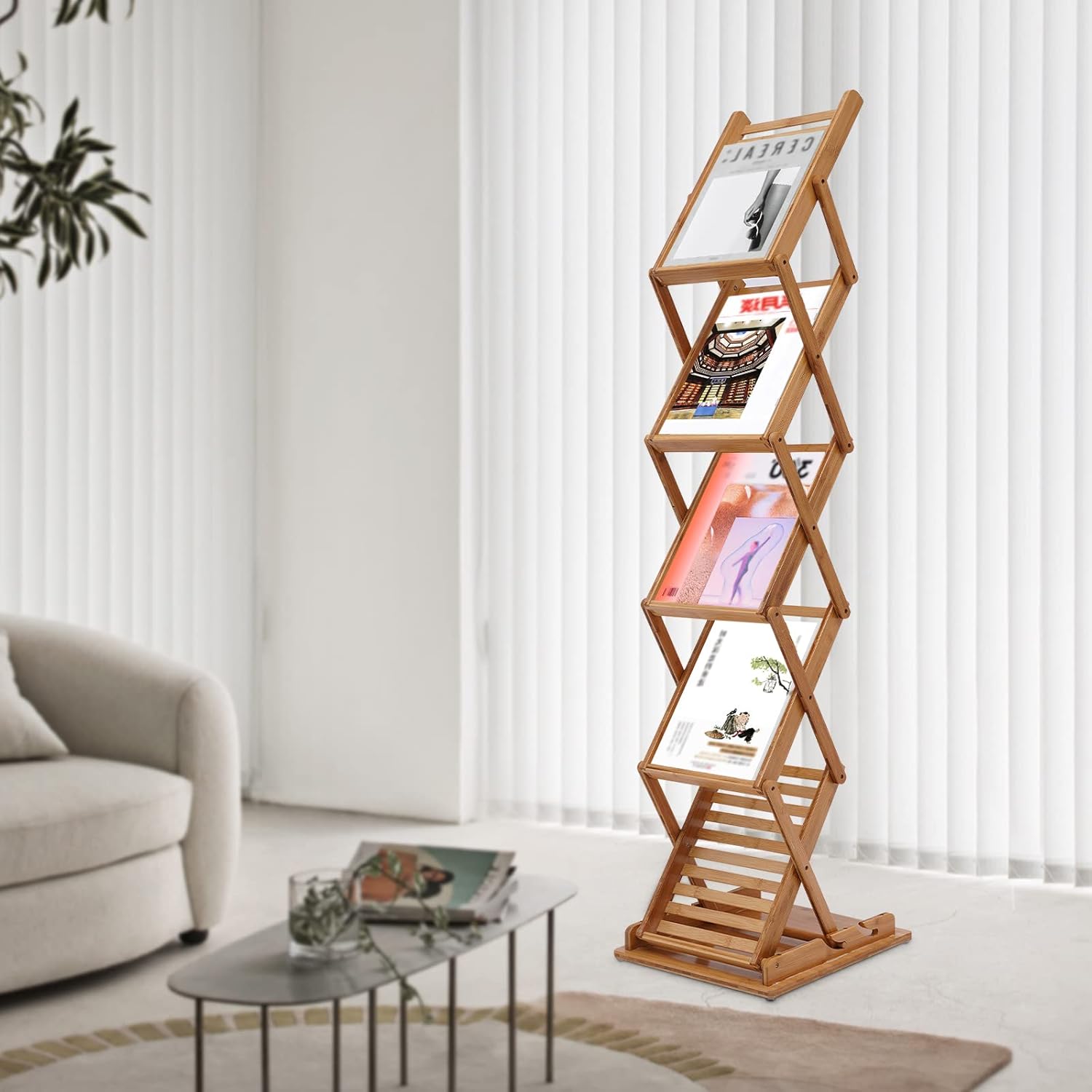 5-Tier Bamboo Folding Magazine Rack with Height Adjustable 2 Slots, Foldable Magazine Rack, Load-bearing 5kg/11.02lbs per Layer, Portable Pop-up Display Stand, for Trade Shows, Office