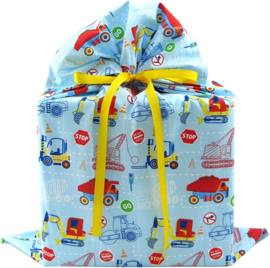 Construction Trucks Reusable Fabric Gift Bag for Child's Birthday or Baby Shower (Large 20 Inches Wide by 27 Inches High)