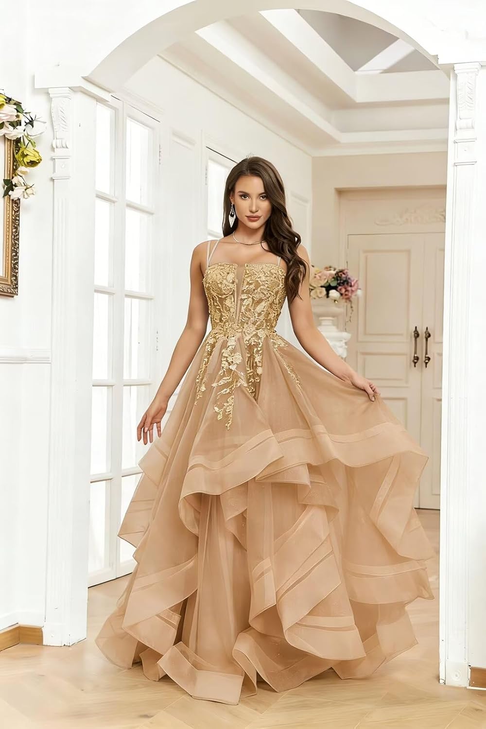 Spaghetti Straps Tulle Prom Dresses for Women High Wasited Applique Pleated Sweet 16 Dresses A-Line