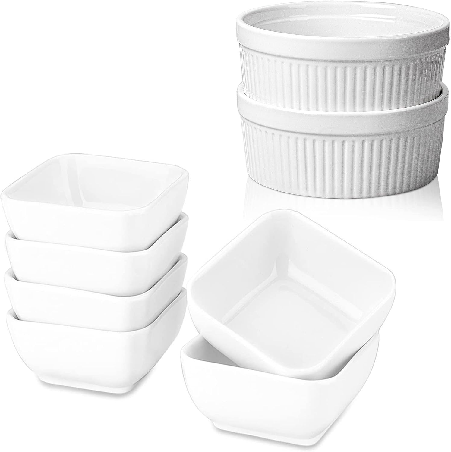 DELLING Ultra-Strong 3 Oz Ceramic Dip Bowls Set/Large Ramekins 32 Oz-Souffle Dish for Baking Soup Bowls for French Onion Soup, Dishwasher, Microwave, and Oven Safe