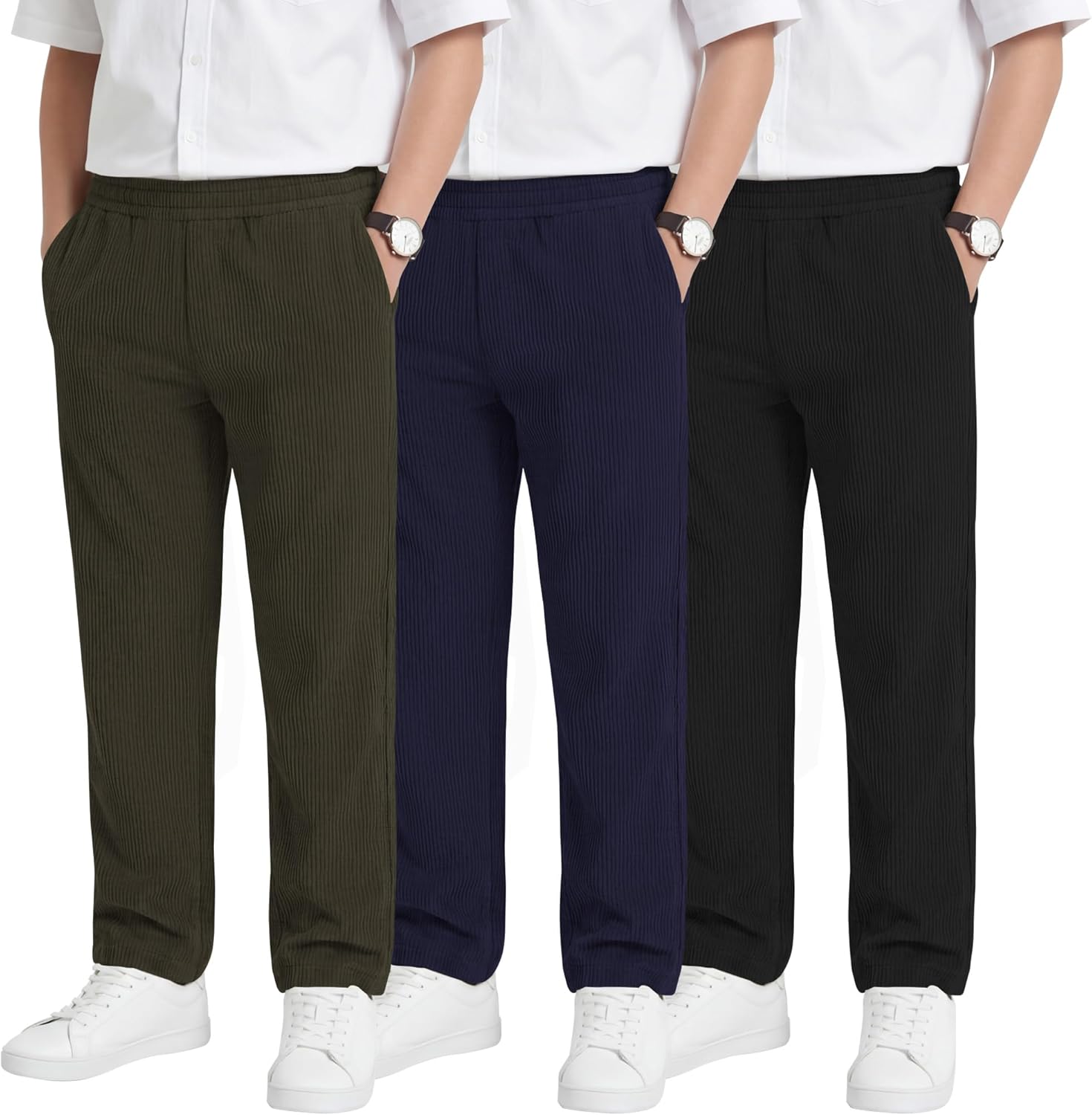 3 Pack Boys' School Uniform Pants Corduroy Pull-on Sweatpants Straight Leg Elastic Waist Joggers with Pockets
