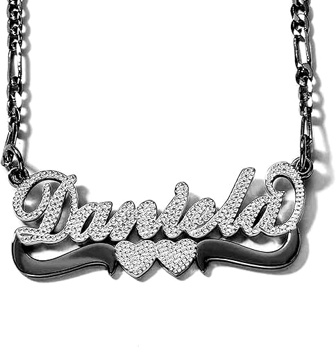 Drawelry Collar con nombre personalizado de dos tonos con placa de oro de 18 quilates, chapado en doble corazón, placa con dije de placa de nombre,