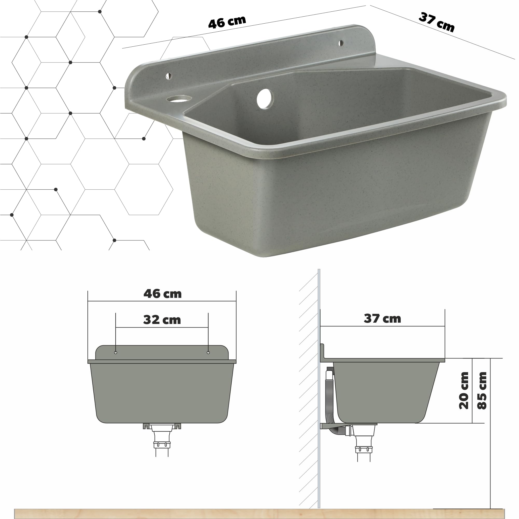 KADAX gospo Évier avec robinet, siphon, 46 x 37 x 20 cm, lavabo en plastique, bac de lavage pour jardin, garage, cave, atelier, montage mural, évier avec accessoires (gris)