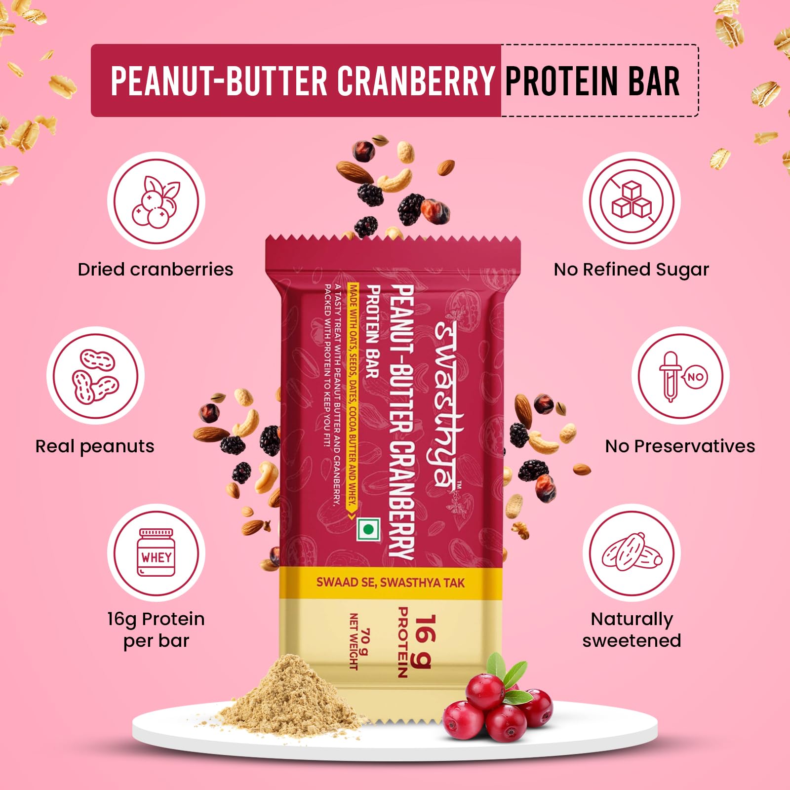Swasthya Peanut-Butter Cranberry Protein Bar | 16g Protein | No Refined Sugar- Pack of 6 — Amazon image 5
