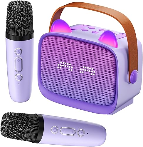 Mini Karaoke Machine for Kids Adults (2025 Upgraded), Portable Bluetooth Speaker with 2 Wireless Mics, Built-in Phone Holder and Emoji Animation, Birthday Gift for Boys Girls 3-12 Home Karaoke Party