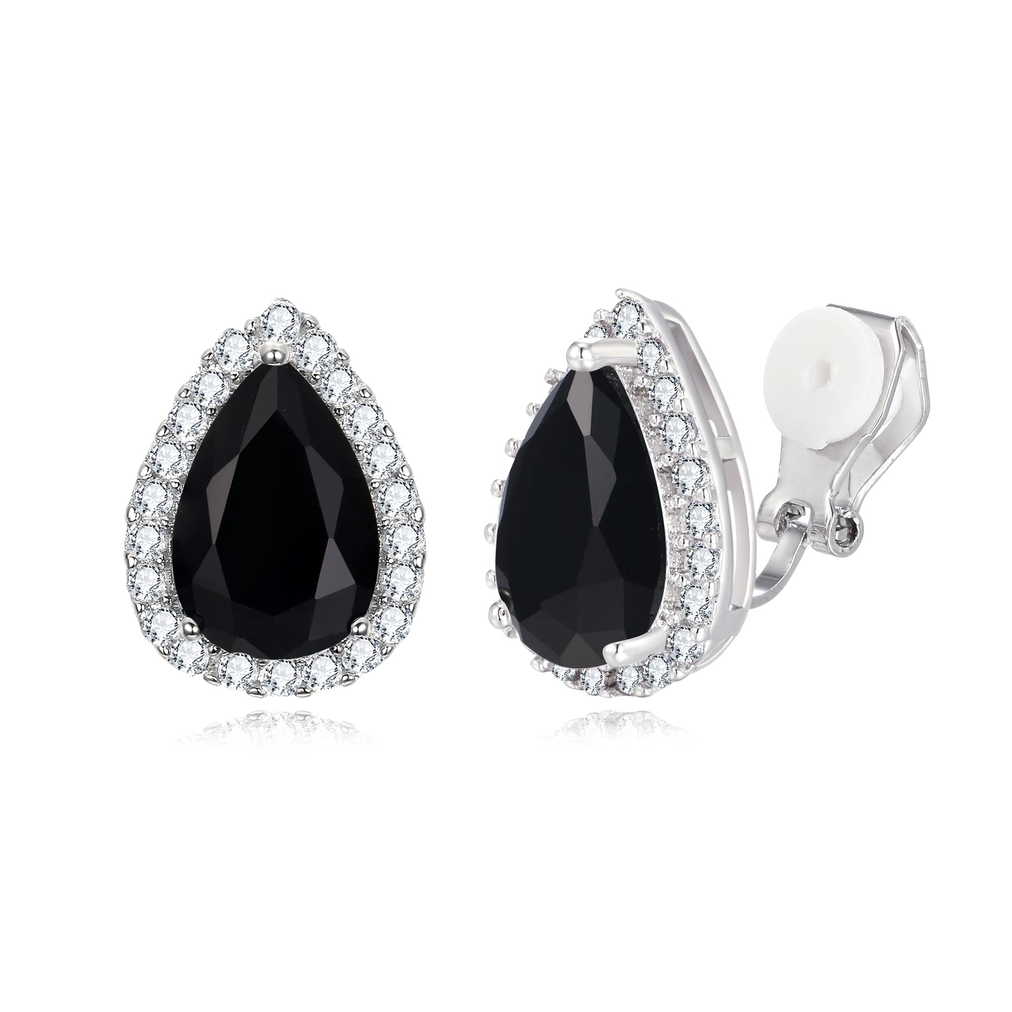 EVER FAITH Pendientes Mujer Circonio Cúbico las Damas de Honor Magníficos Aretes de Clip de la Gota para las Mujeres Negro Tono Plateado