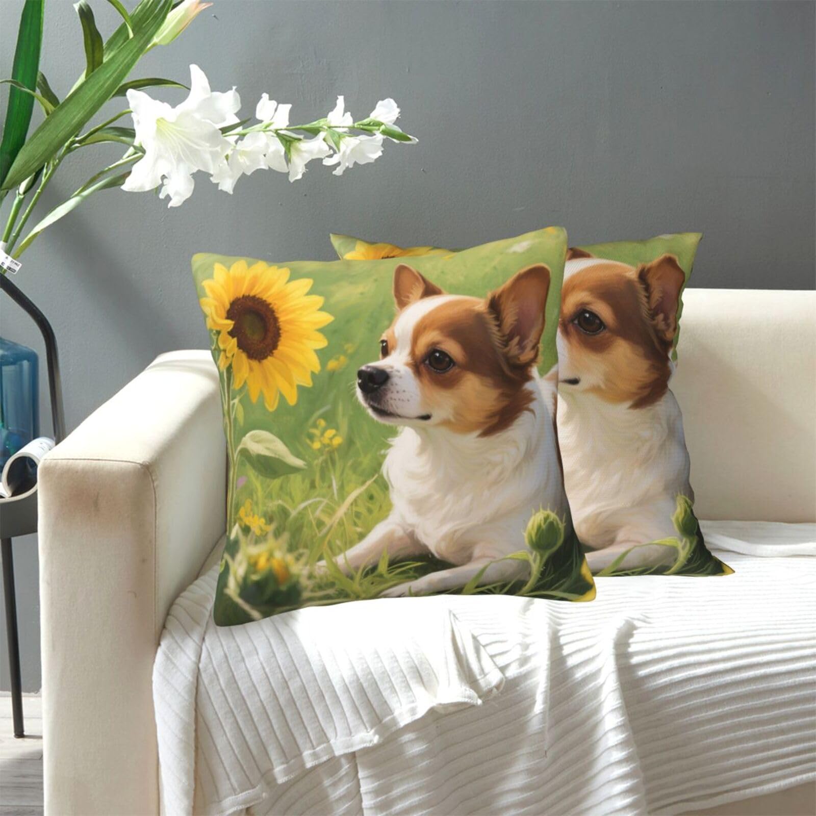 FekiLoot Decorative Throw Pillow Covers Modern Farmhouse Pillowcase Double Sided Cozy Cushion Cover for Sofa Couch Bed 20"X20" Chihuahua Dog Sunflowers