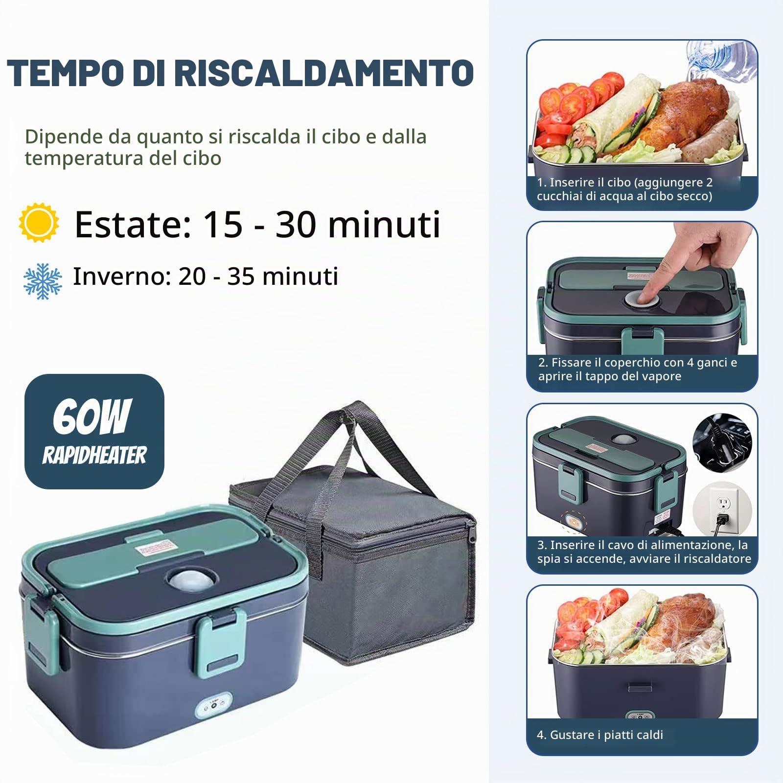 mumisuto Scaldavivande Elettrico Portatile 60W, 3 in 1 12V/24V/220V Elettrico Lunch Box, Porta Pranzo in Acciaio Inox, con Forchetta Cucchiaio e Borsa per il Trasporto, per Auto Camion Ufficio
