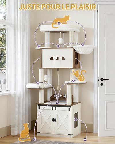 Hzuaneri Arbre à Chat avec Meuble Litiere Chat, 173 cm, Blanc et Marron - 6