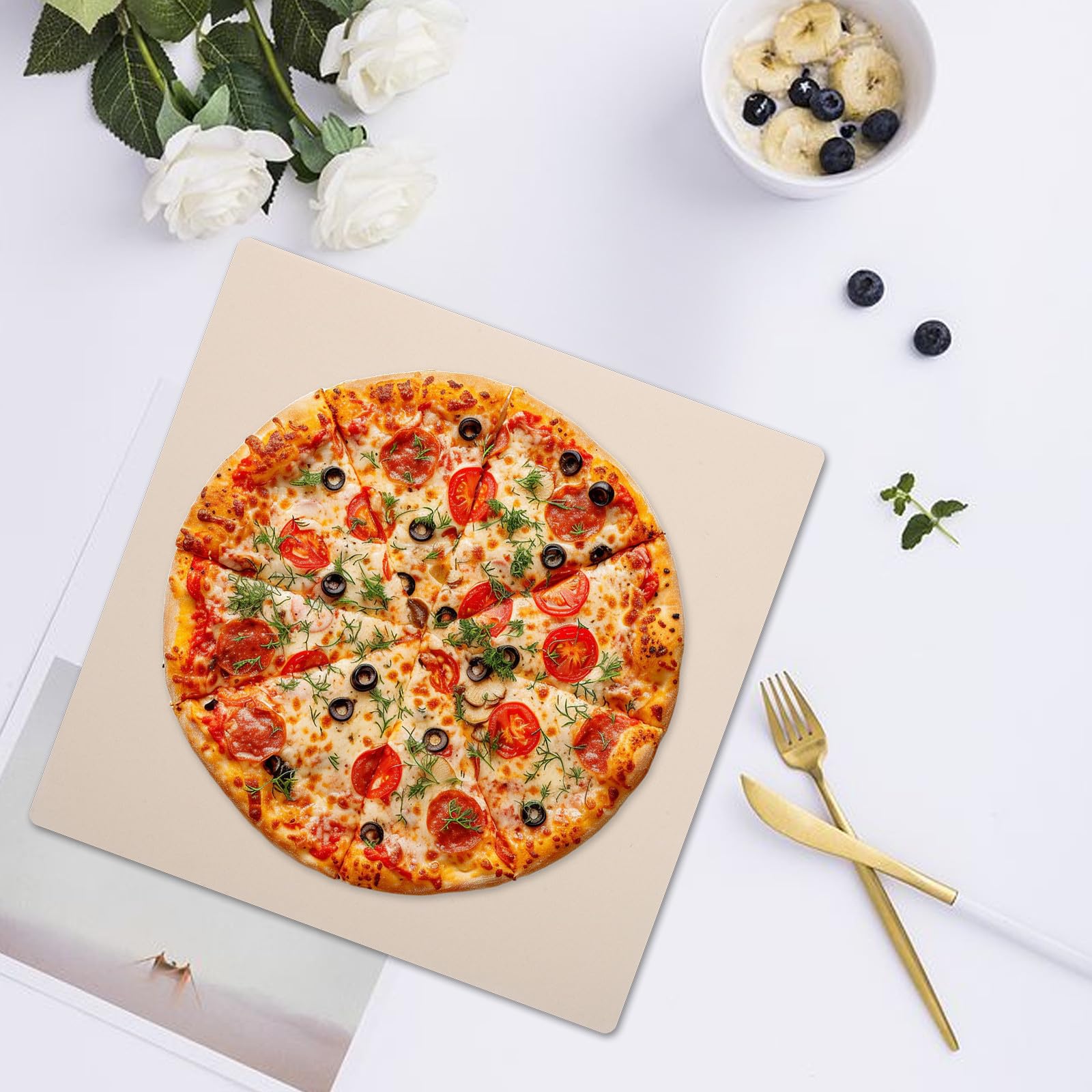 Pietra per Pizza Quadrata in Cordierite, Beige, per Forno e Barbecue | Superficie Resistente ai Graffi E’usura, Distribuzione Uniforme del Calore, Facile da Pulire