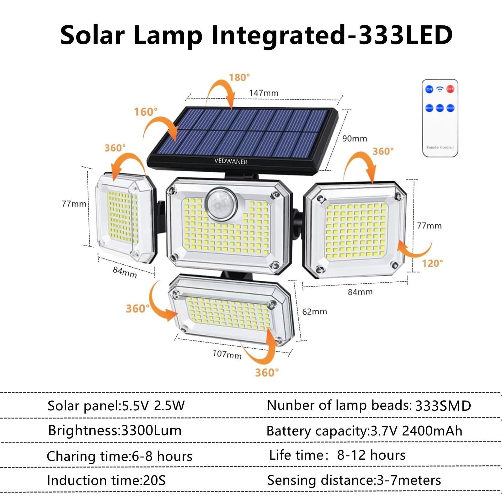 VOLIVO Solar Motion Sensor Lights - 3 Head 2500LM Outdoor Flood Lights, IP65 Waterproof, 2 Pack