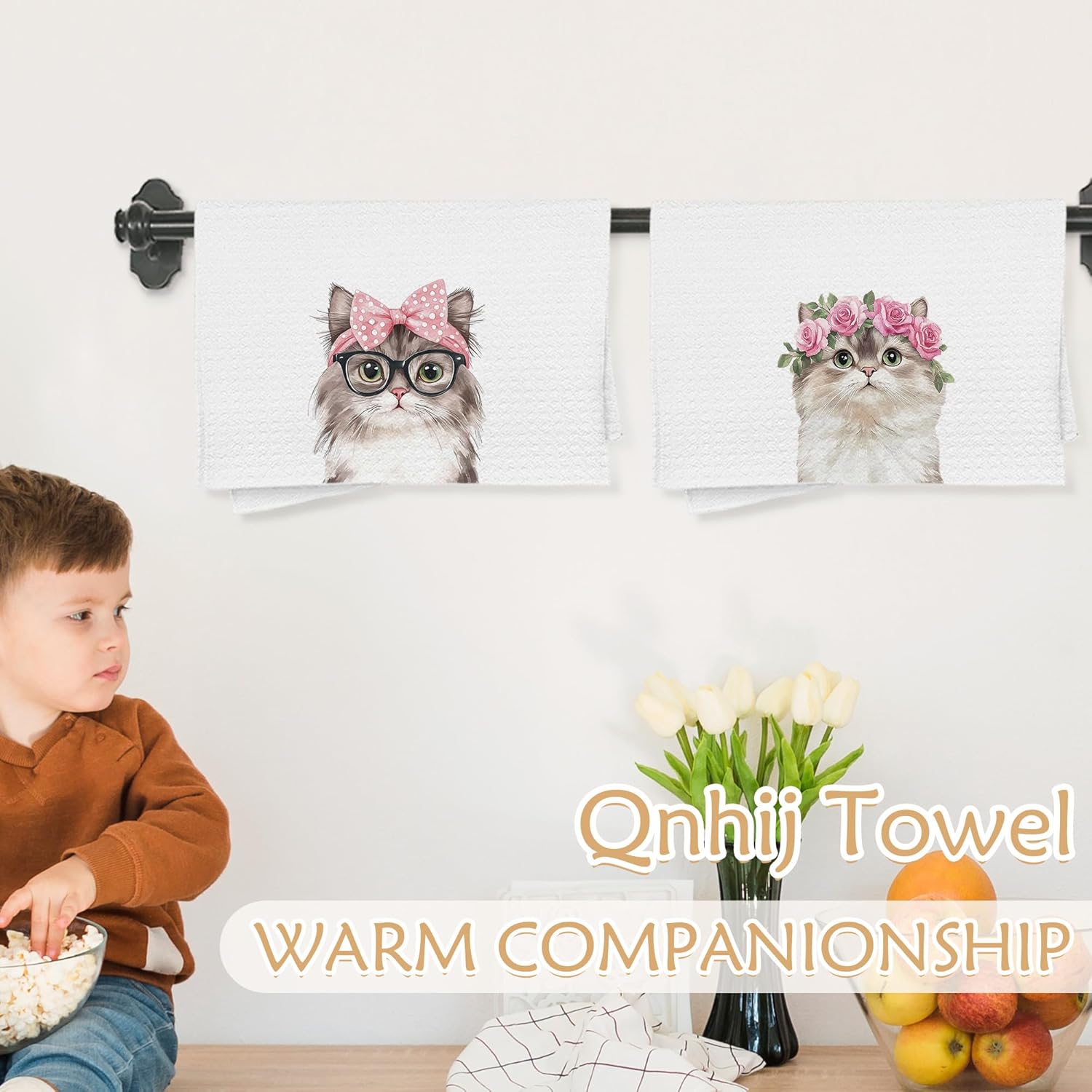 Coquette Cat Kitchen Towels, Cats Lover Mom Lady Gifts Dish Tea Towels for Kitchen Decor, Pink Bow Floral Cute Kitten Decorative Hand Towels for Bathroom, 16x24 Inch Set of 2 - Image 3