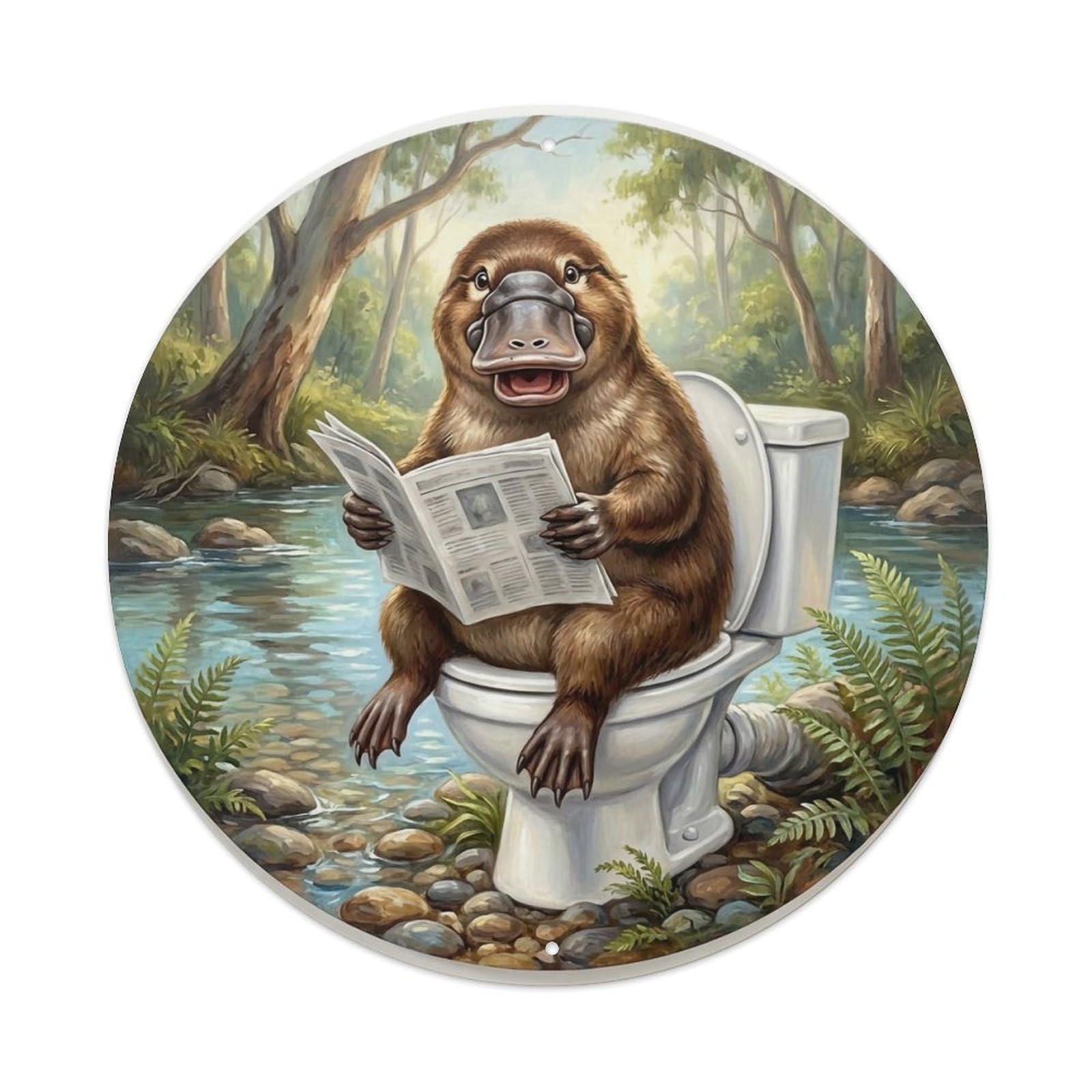 Platypus On Toilet Humorous Bathroom Creek Pebble Shore Metal Tin Sign