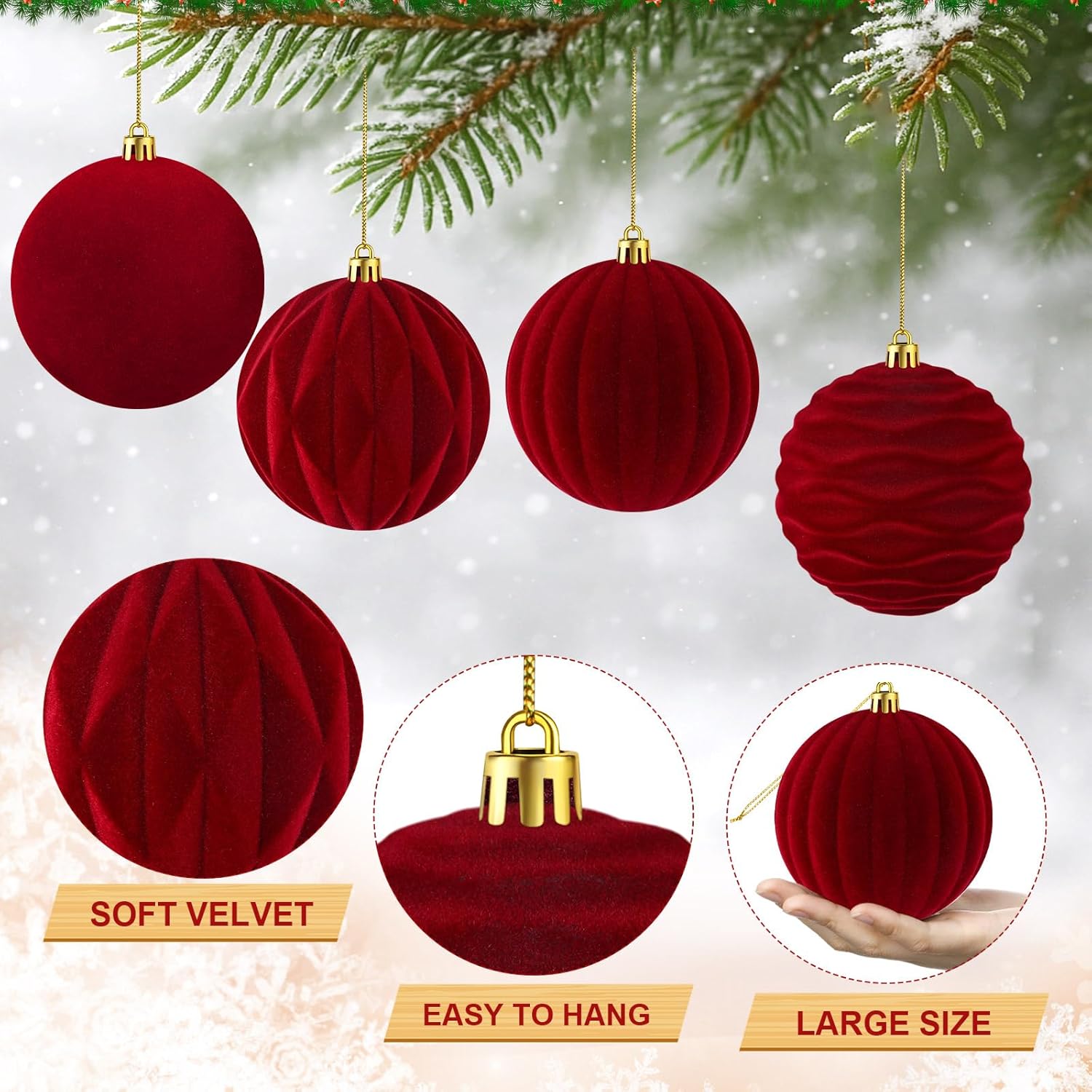 Liliful 12 Pcs Velvet Christmas Ornaments Balls, 4 r(Wine Red)