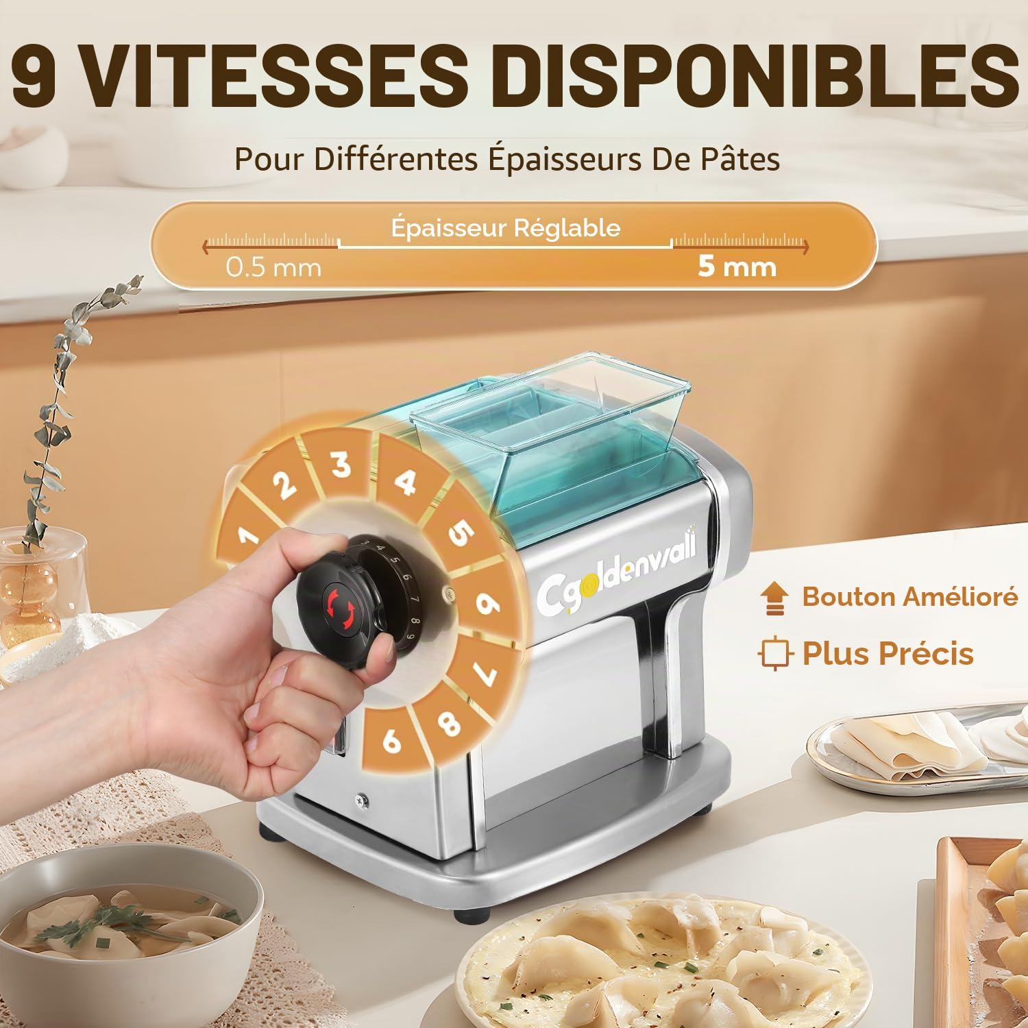 CGOLDENWALL Machine à Pâtes Électrique, Moteur 135W avec 2 Lames (2,5 mm/4 mm) et 9 Épaisseurs Réglables de 0,5-5 mm, Protection en ABS, Acier Inoxydable pour des Nouilles Fraîches Maison