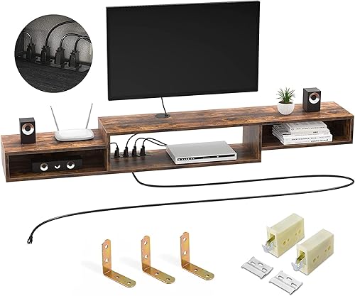 Miniatura 19 de FABATO Soporte de TV flotante de 71 pulgadas con toma de corriente, consola multimedia montado en la pared, estante debajo del televisor para caja