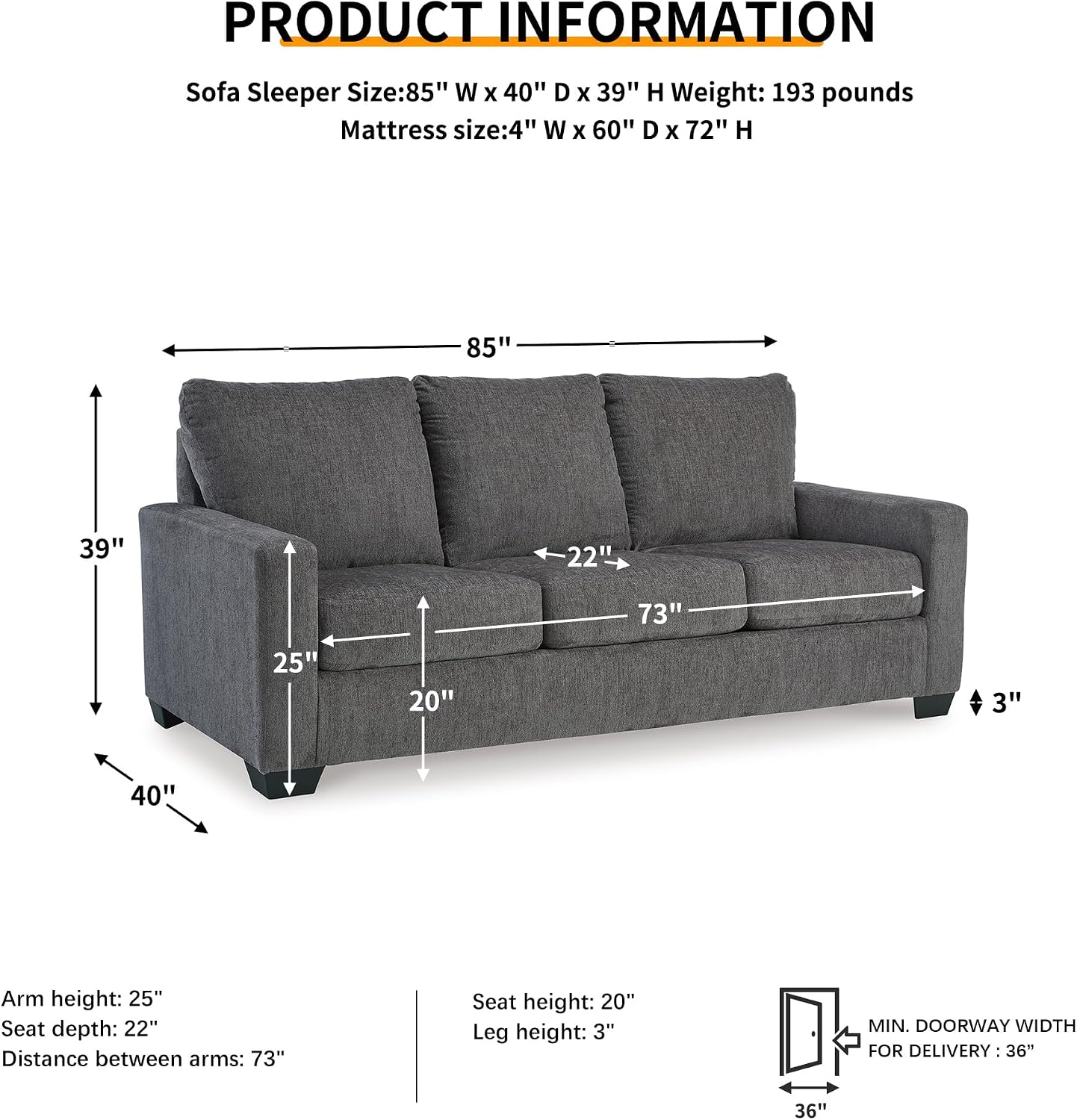 BOWERY HILL Contemporary Queen Sofa Sleeper, 85" W x 40" D x 39" H, Corner-Blocked Frame, Pewter Polyester Upholstery, Faux Wood Finish Exposed Feet, Memory Foam Mattress, Space-Saving Design for