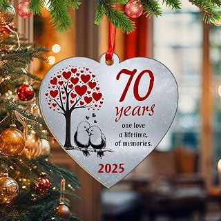 70th Anniversary Ornament 2025, Heart Shaped Christmas Decoration with Red Heart Tree and Love Birds, “One Love a Lifetime of Memories” Keepsake Gift for Parents, Grandparents, Husband and Wife