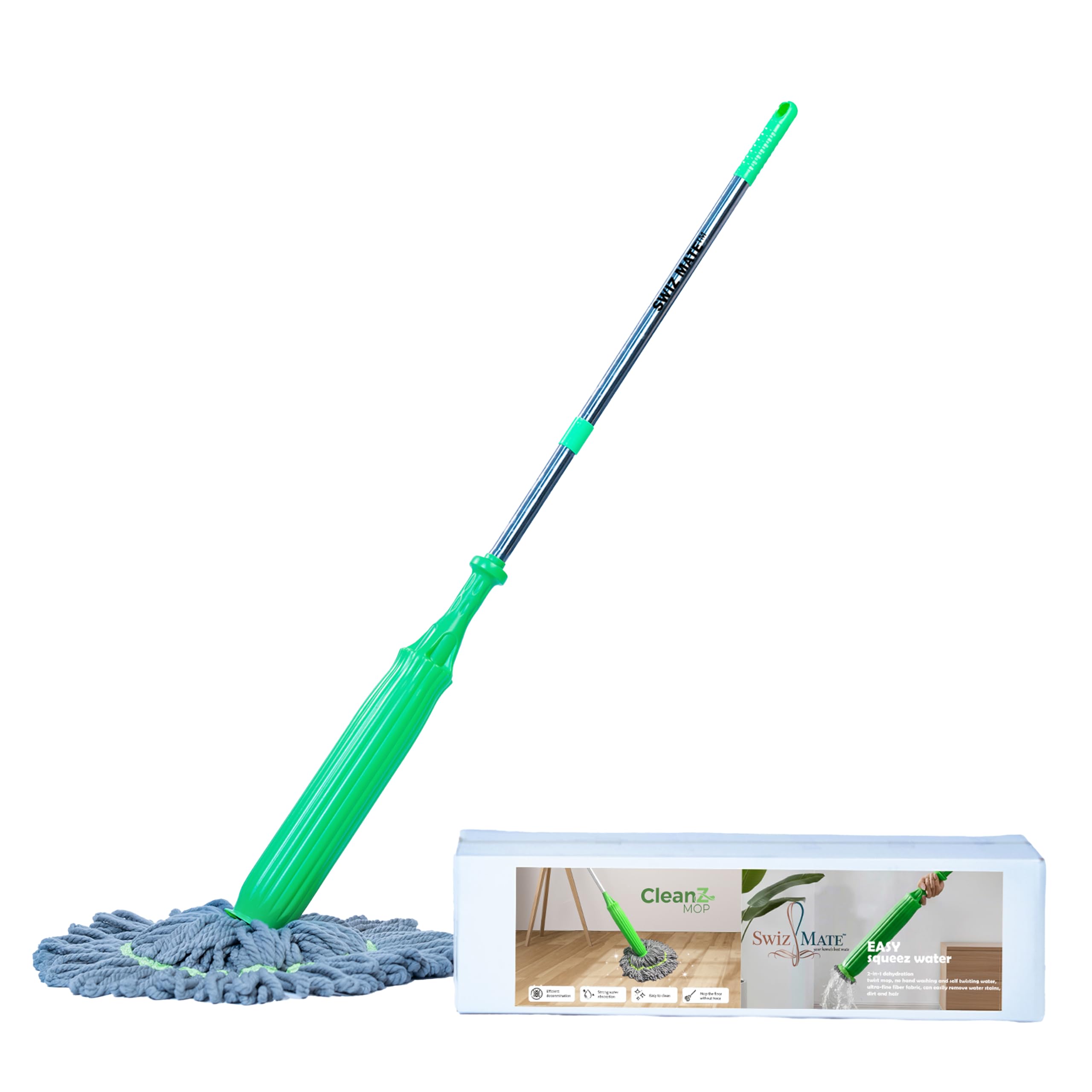 Swiz Mate™ Microfiber Twist Mop with Squeeze Stick - Super Absorbent Floor Cleaner for Hardwood, Tile & All Surfaces | Durable Handle, Easy-Use Dust & Dirt Removal (Floor Cleaning)