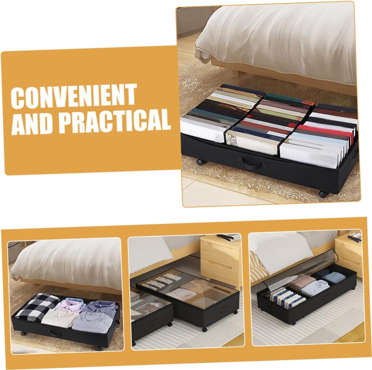 Veemoon Bed Storage Bin with Wheels, Oxford Fabric 3-compartment Clothes Organizer, Large Capacity Dustproof Storage Container for Bedding, and Clothing, Black