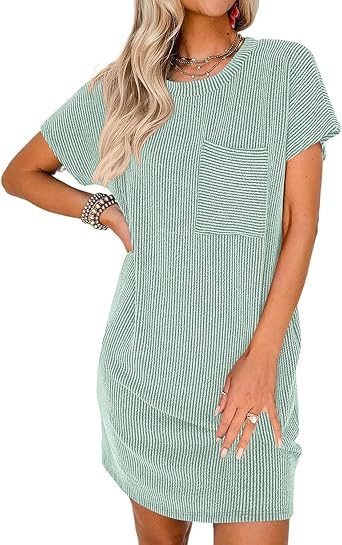 Xixiuly Womens Summer Mini Dress Chest Pocket Short Sleeve Crewneck Ribbed T-Shirt Dress Casual A-Line Beach Vacation Dress
