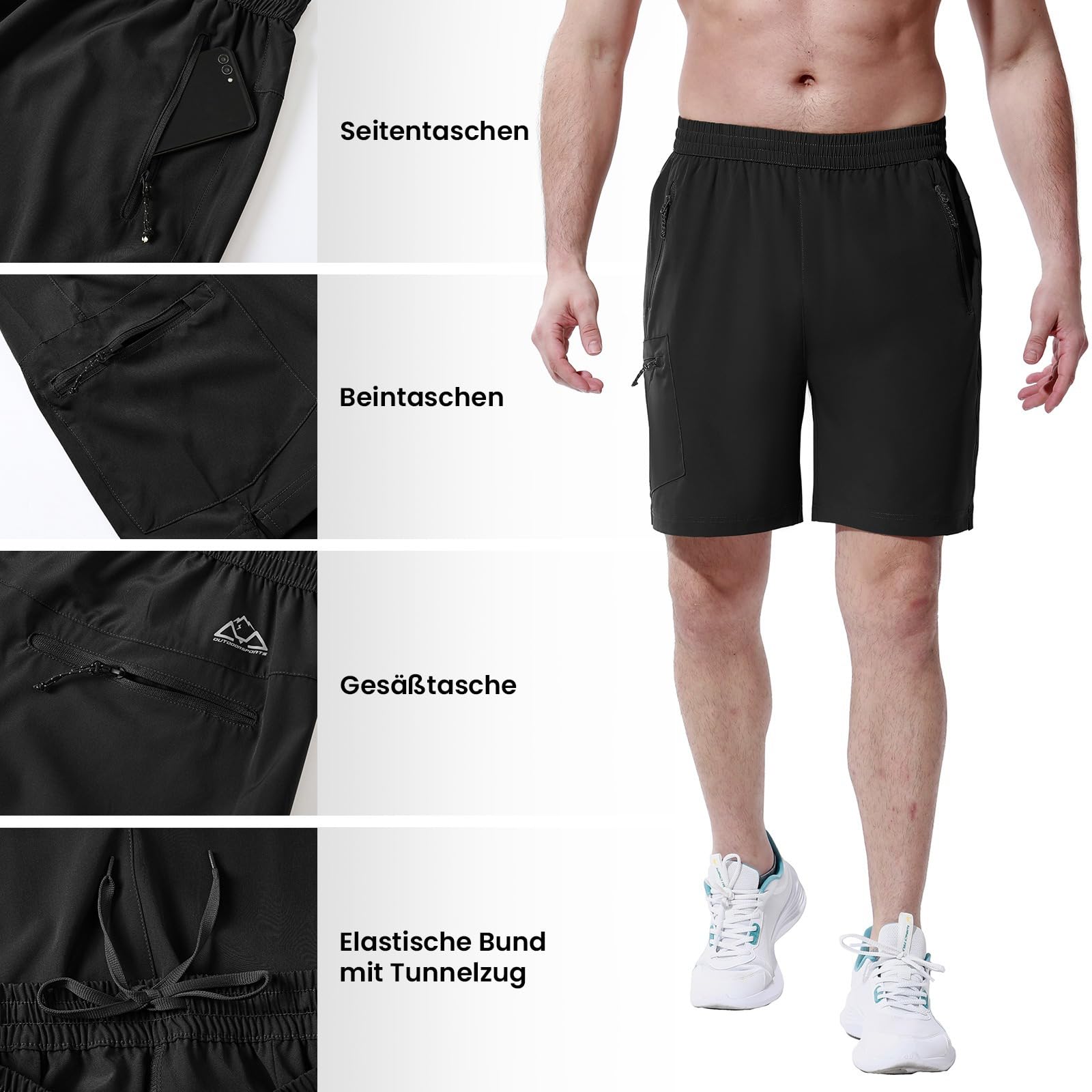 Rdruko Kurze Hosen Herren Sport Shorts Stretch Wanderhose Sommer Fahrradhose Schnelltrocknend Jogginghose Cargohose Laufshorts mit 4 Reißverschlusstaschen