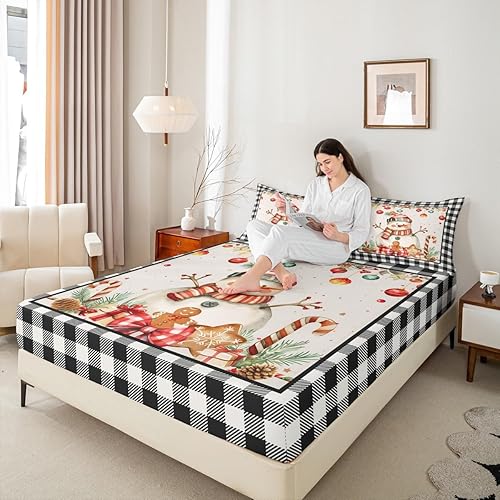 Miniatura 2 de Manfei Juego de sábanas bajeras con diseño de muñeco de nieve de tamaño matrimonial, 3 piezas para decoración de habitación de niños y adultos,
