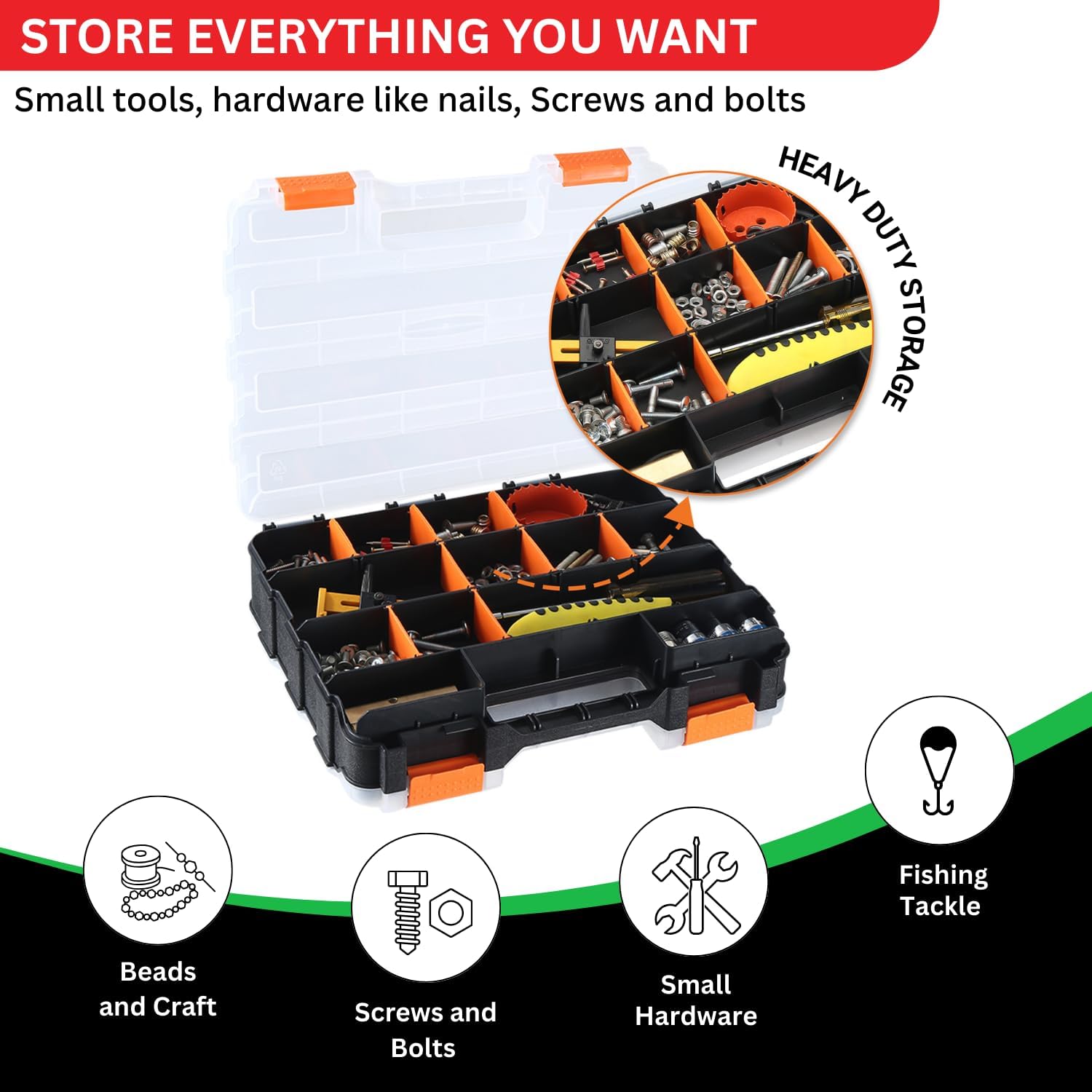 Andalus Tools Organizer Box, Small Parts Storage 34-Compartment Double-Sided Portable Hardware Organizer Removable Plastic Dividers for Screws, Nuts, Bolts, Nails – Orange (2 Pack, 12.5" x 10.5" x 3")