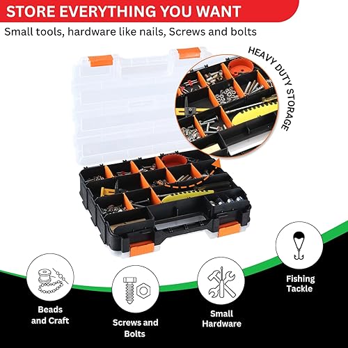 Miniatura 7 de Andalus Caja de almacenamiento de doble cara con 18 compartimentos, organizador de plástico duradero para piezas de hardware pequeñas, tornillos,