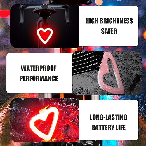 Miniatura 6 de Luz trasera de bicicleta impermeable LED en forma de corazón luz trasera 300mAh USB recargable advertencia de seguridad brillante luz trasera para