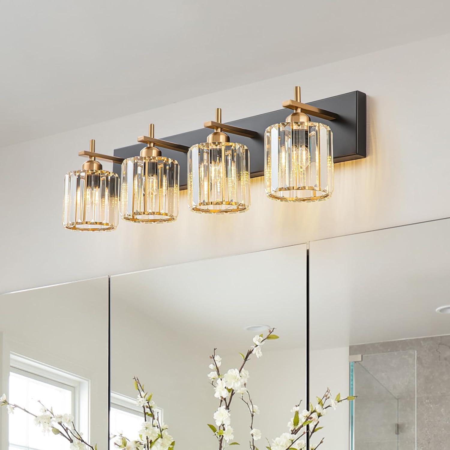 Black Gold Crystal Bathroom Vanity Light, Modern 4-Lights Bathroom Light Fixtures Over Mirror, Crystal Wall Lighting with Polished Gold Finish Black Gold-Round Shade 4-Light
