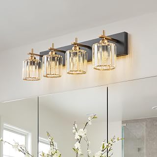 Black Gold Crystal Bathroom Vanity Light, Modern 4-Lights Bathroom Light Fixtures Over Mirror, Crystal Wall Lighting with Polished Gold Finish
