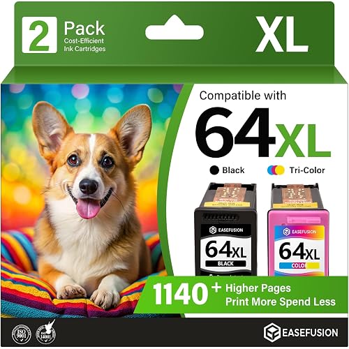EaseFusion 64XL Black and Color Ink Cartridge Remanufactured Replacement for HP Ink 64 HP64 HP64XL Combo Pack Compatible with HP Envy Photo 7800 7855 7858 7100 7155 6200 6255 Tango X Series Printers