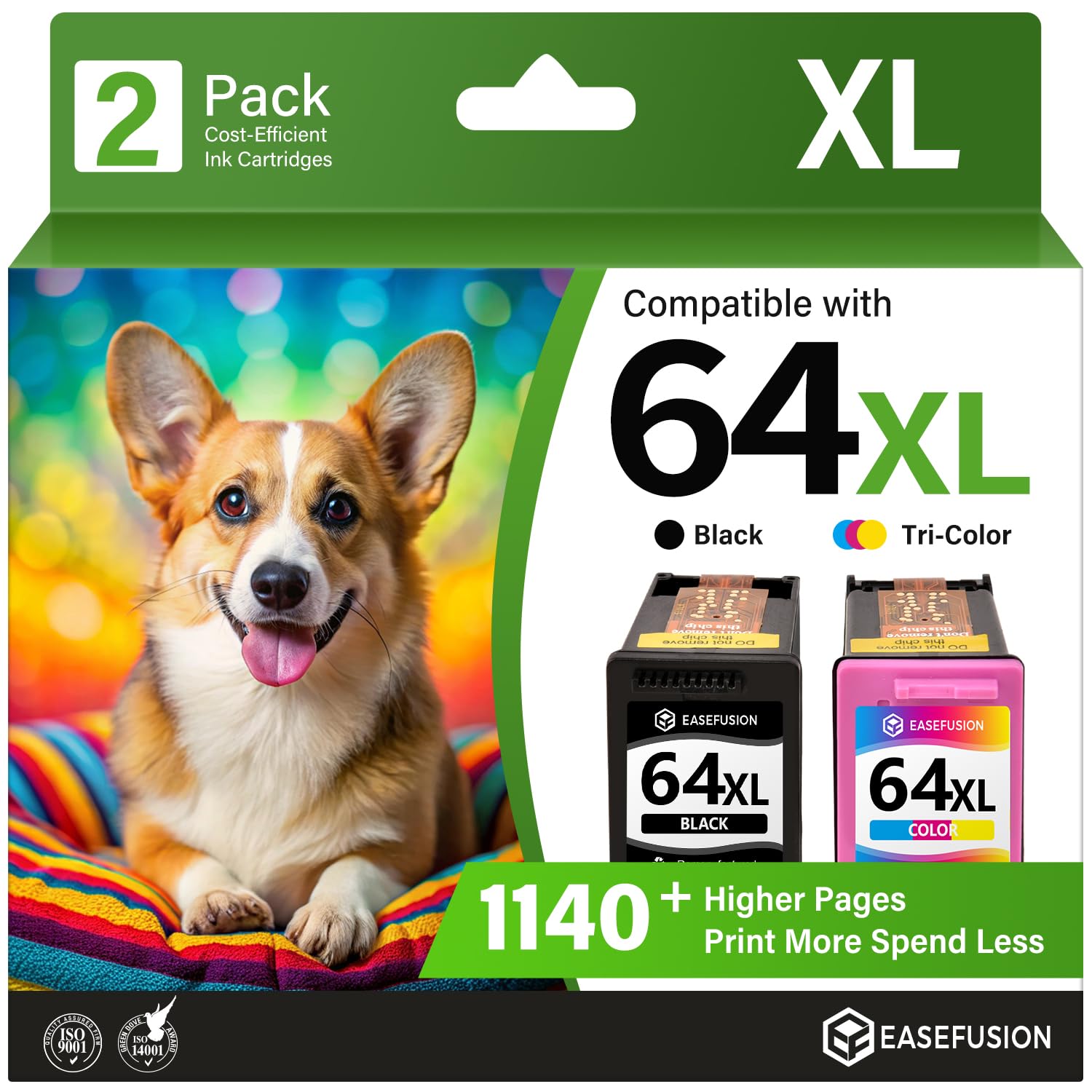 EaseFusion Replacement for HP 64XL Ink Cartridge Combo Pack Black and Color