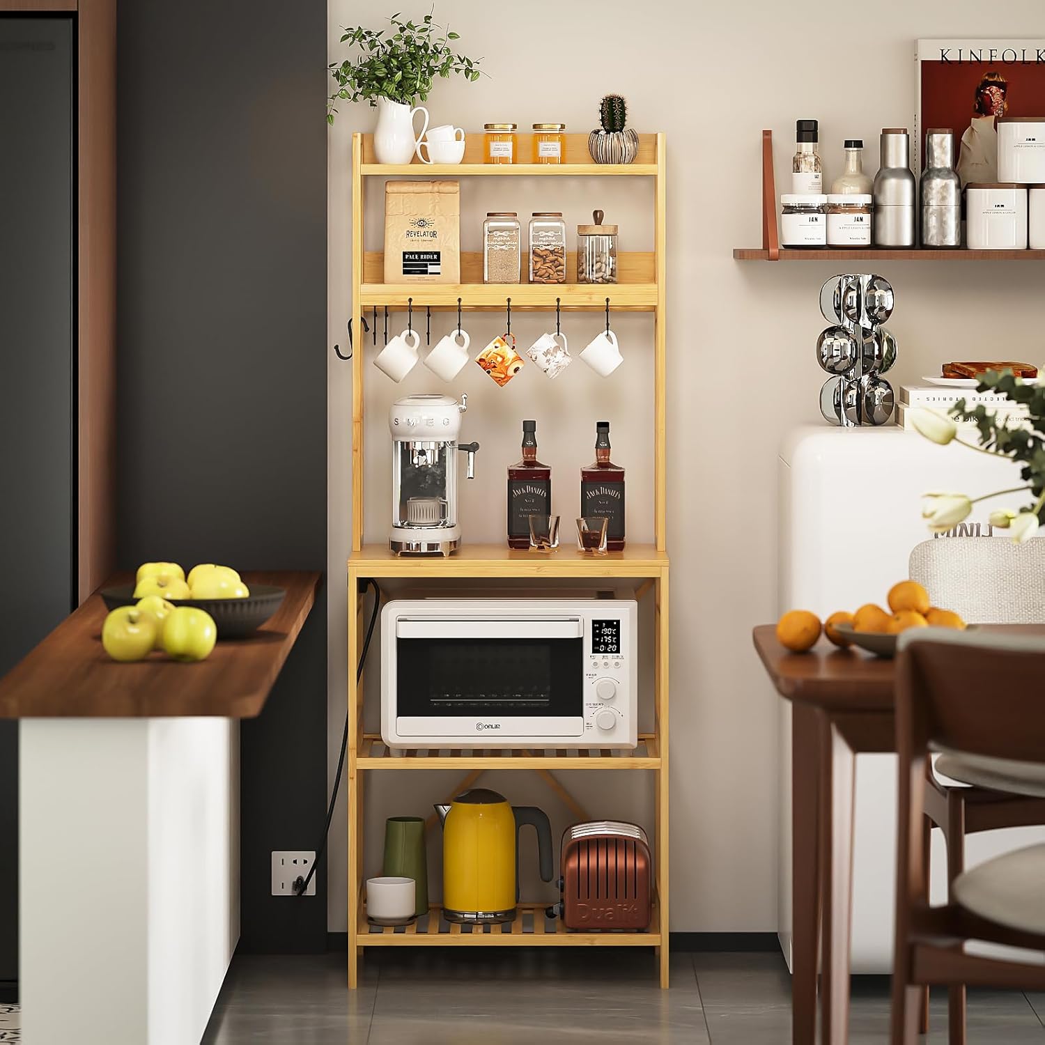 Bamboo Bakers Rack with Charging Station 5-Tier Microwave...