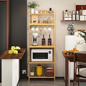 Trironsun Bamboo Bakers Rack with Charging Station 5-Tier Microwave Stand with Open Storage Shelves with 10 S-Shaped Hooks Coffee Bar Table Kitchen Utility Storage Shelf Nature
