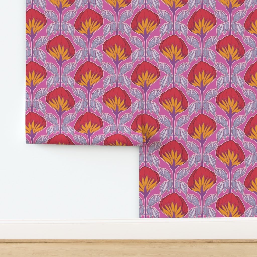 Peel & Stick Wallpaper 12ft x 2ft - Flowers Pop Pink Floral Hot Retro Yellow Purple Custom Removable Wallpaper by Spoonflower